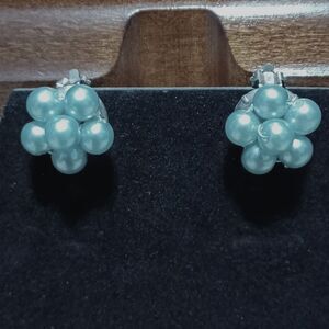 Faux Blue Pearl Cluster Clip-On Earrings